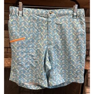 Men’s TRUE FLIES Teal Fish Print Shell Creek Board Swim Shorts Size XL *A6